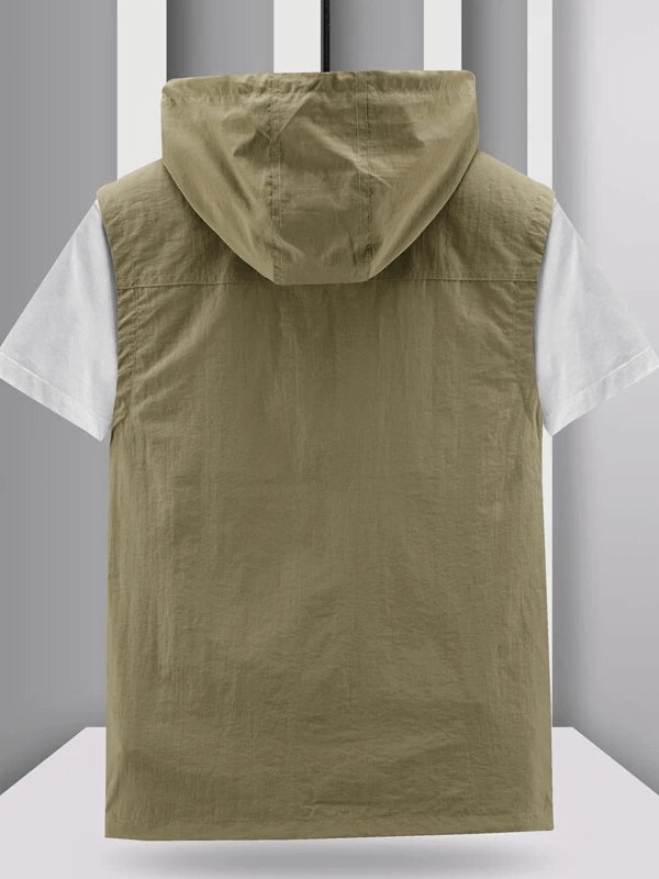 Back view of lightweight men's vest with hood in solid color, showcasing breathable polyester fabric and casual style. Perfect for outdoors.